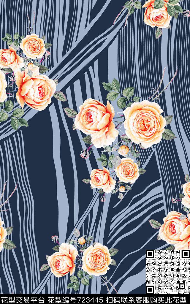 条纹花朵花卉数码印花华亿平台下载（图片编号: 723445） - 瓦栏（Walan）