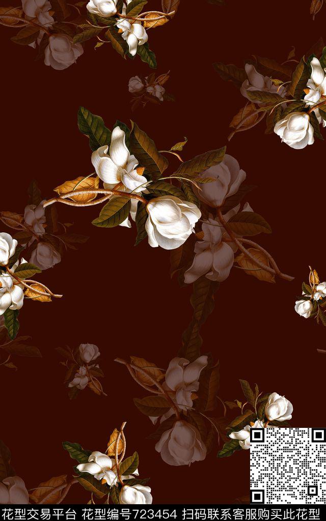 复古玫瑰花朵花卉数码印花华亿平台下载（图片编号: 723454） - 瓦栏（Walan）