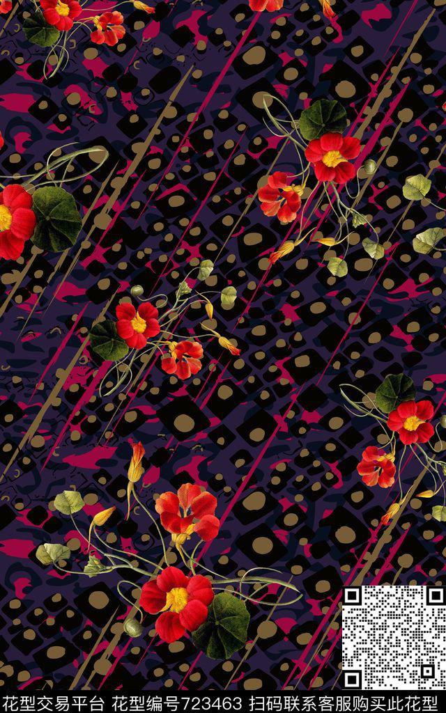 色块斑点花朵花卉数码印花华亿平台下载（图片编号: 723463） - 瓦栏（Walan）