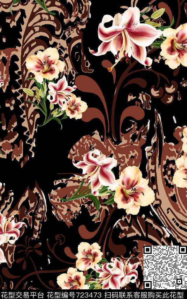花朵花卉抽象色块数码印花华亿平台下载（图片编号: 723473） - 瓦栏（Walan）