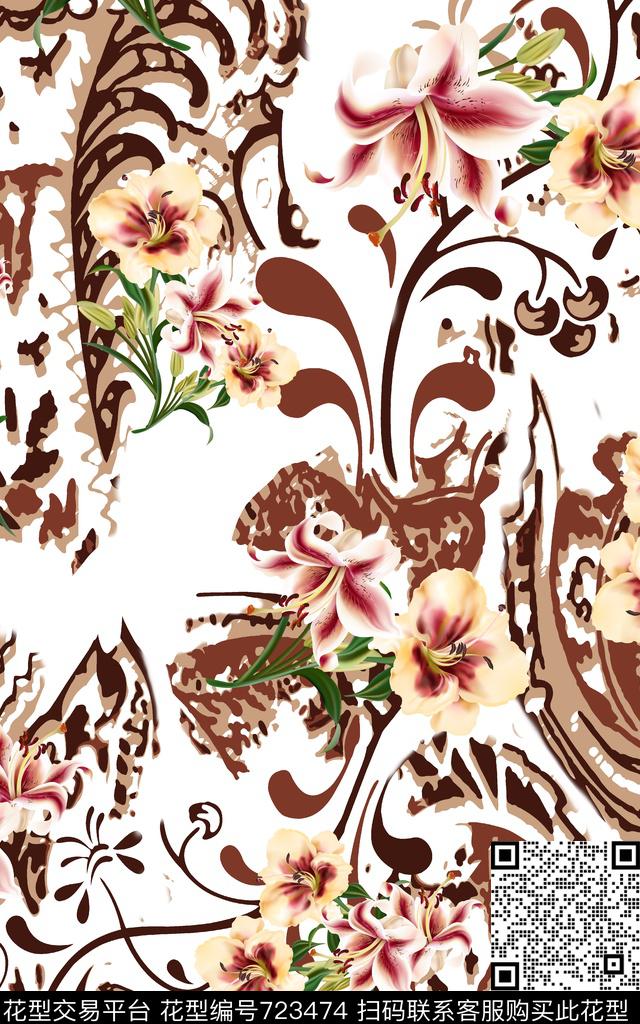 花朵花卉抽象色块数码印花华亿平台下载（图片编号: 723474） - 瓦栏（Walan）