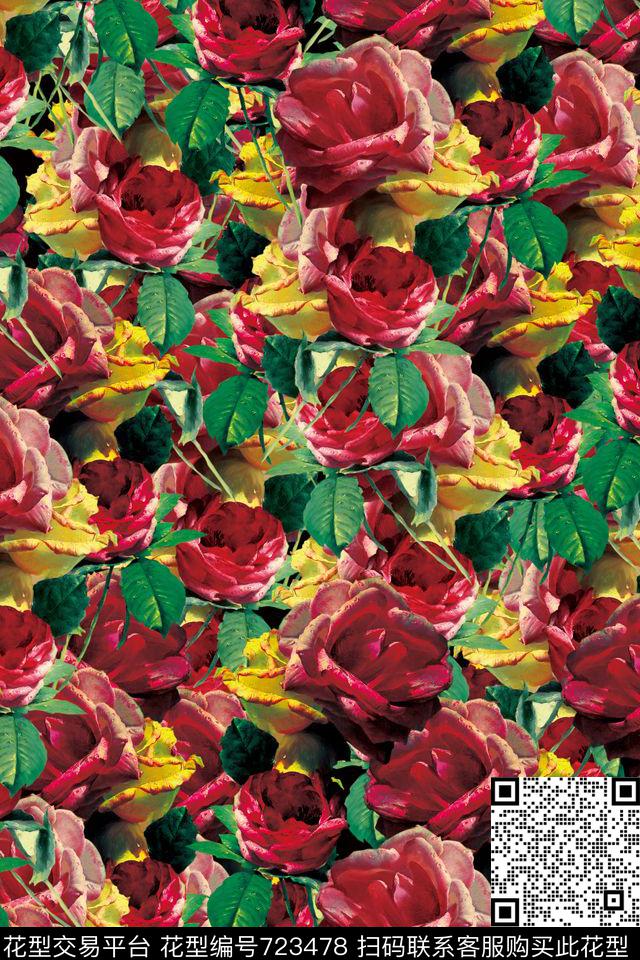 花朵花卉月季数码印花华亿平台下载（图片编号: 723478） - 瓦栏（Walan）