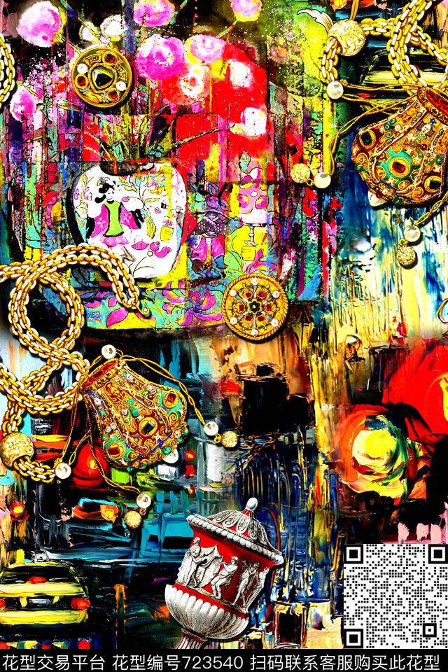 抽象油画珠宝数码印花华亿平台下载（图片编号: 723540） - 瓦栏（Walan）