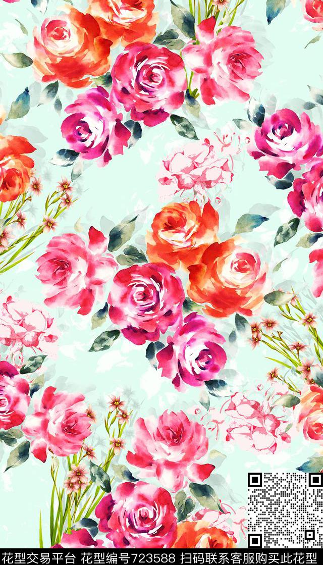 水彩花卉小清新女装数码印花华亿平台下载（图片编号: 723588） - 瓦栏（Walan）