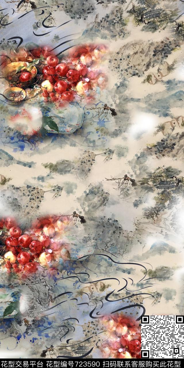 水彩水墨花卉数码印花华亿平台下载（图片编号: 723590） - 瓦栏（Walan）