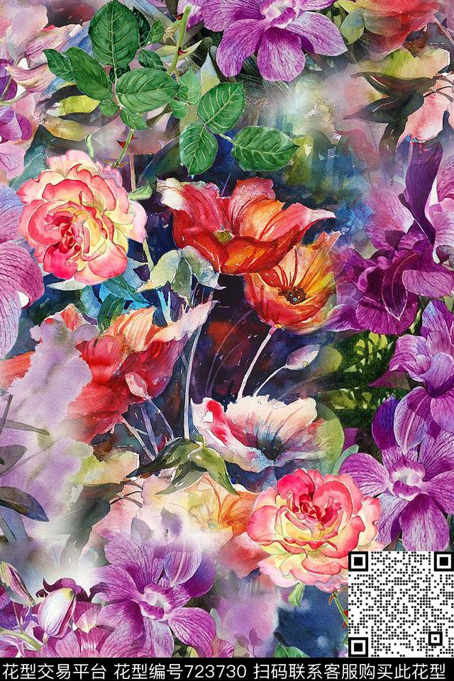 花朵花卉水彩数码印花华亿平台下载（图片编号: 723730） - 瓦栏（Walan）