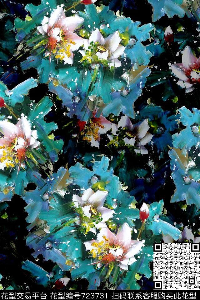 抽象油画花朵数码印花华亿平台下载（图片编号: 723731） - 瓦栏（Walan）