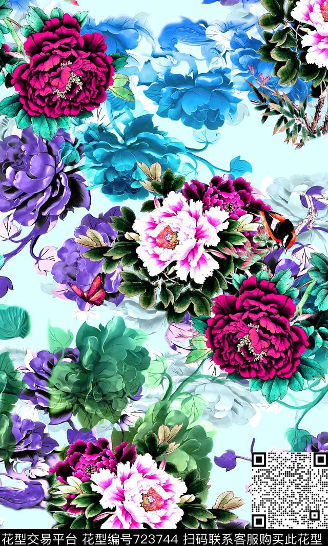 披肩长巾花卉中国风数码印花华亿平台下载（图片编号: 723744） - 瓦栏（Walan）