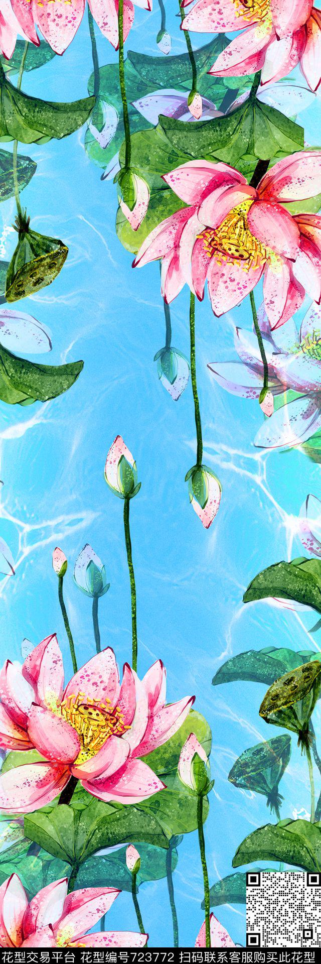 披肩长巾中国风荷花数码印花华亿平台下载（图片编号: 723772） - 瓦栏（Walan）
