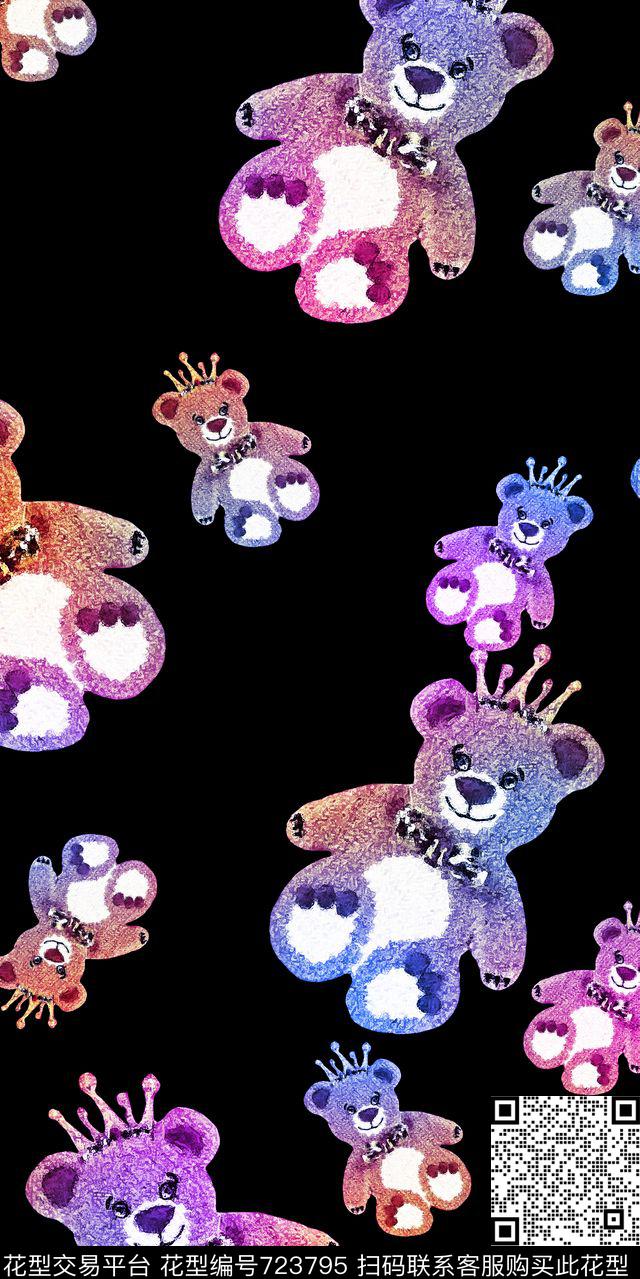 黑底小熊卡通数码印花华亿平台下载（图片编号: 723795） - 瓦栏（Walan）