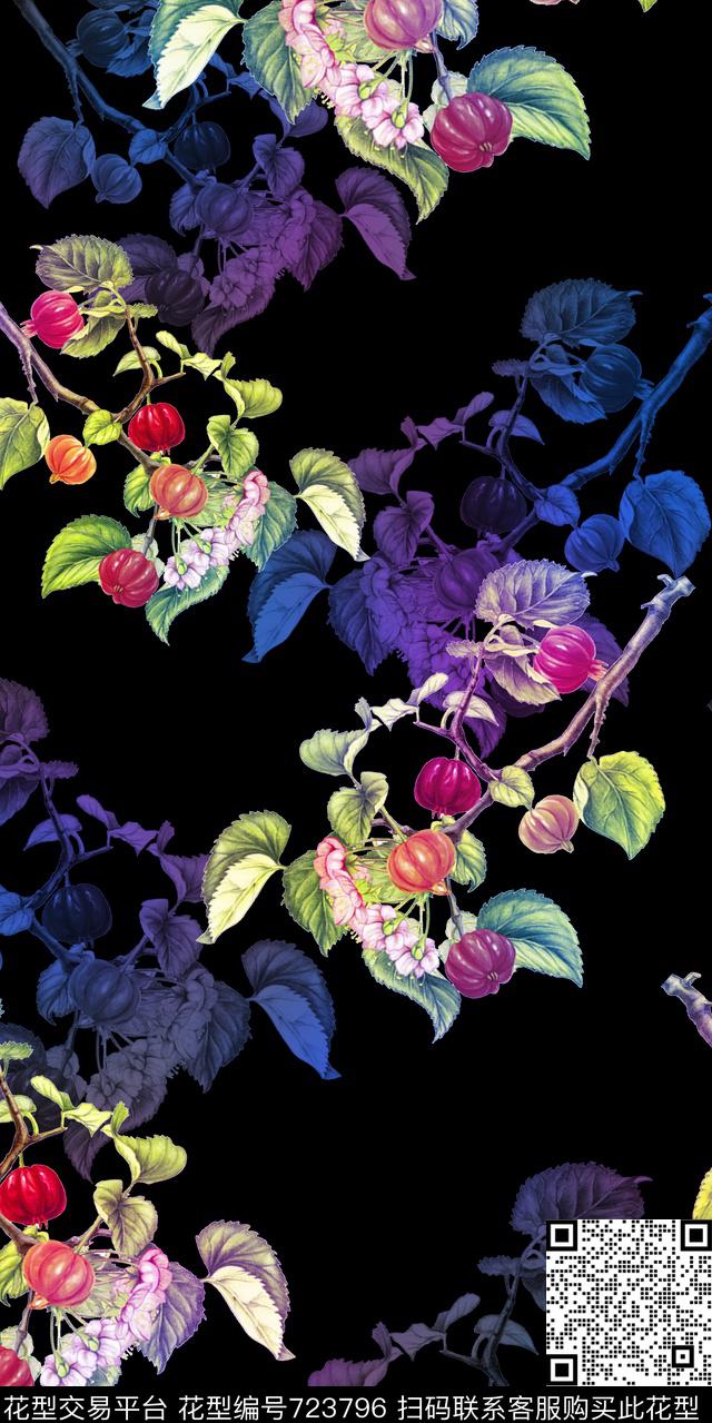 黑底花卉南瓜数码印花华亿平台下载（图片编号: 723796） - 瓦栏（Walan）