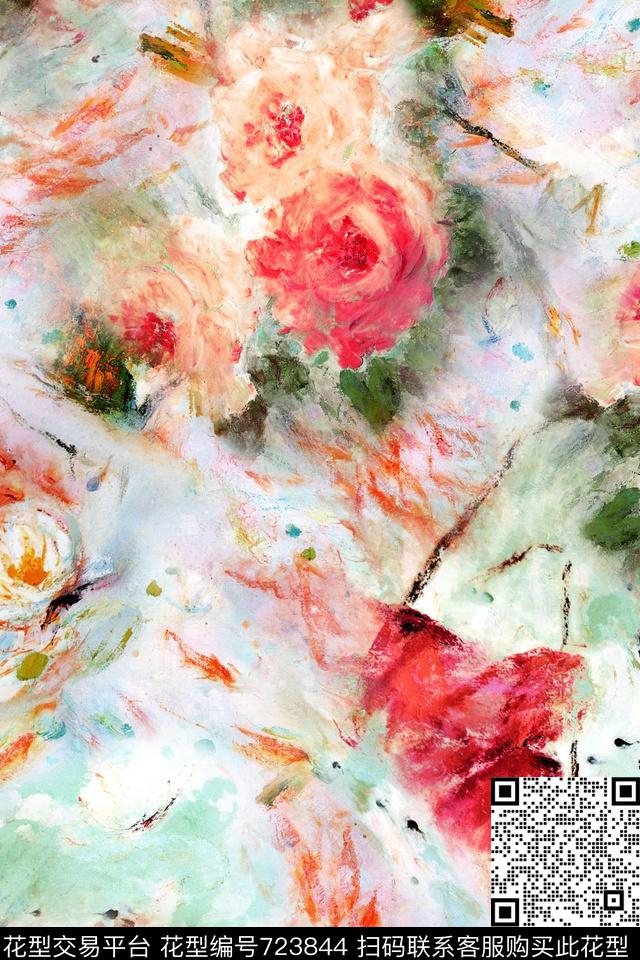 抽象油画花卉数码印花华亿平台下载（图片编号: 723844） - 瓦栏（Walan）