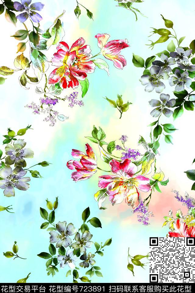 手绘花颜色晕染数码印花数码印花华亿平台下载（图片编号: 723891） - 瓦栏（Walan）