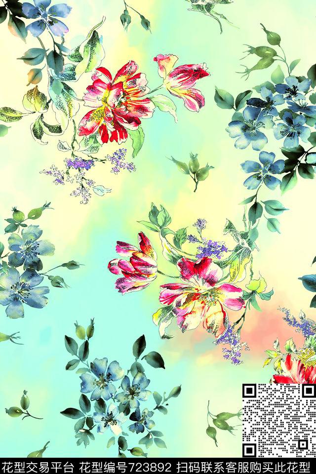 手绘花颜色晕染数码印花数码印花华亿平台下载（图片编号: 723892） - 瓦栏（Walan）