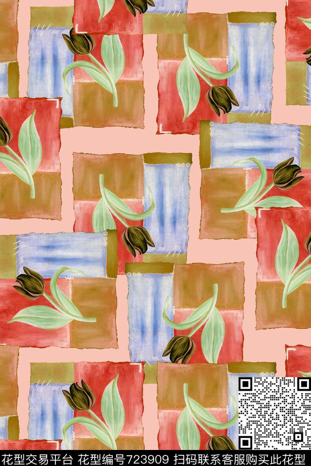花朵花卉格子油画数码印花华亿平台下载（图片编号: 723909） - 瓦栏（Walan）