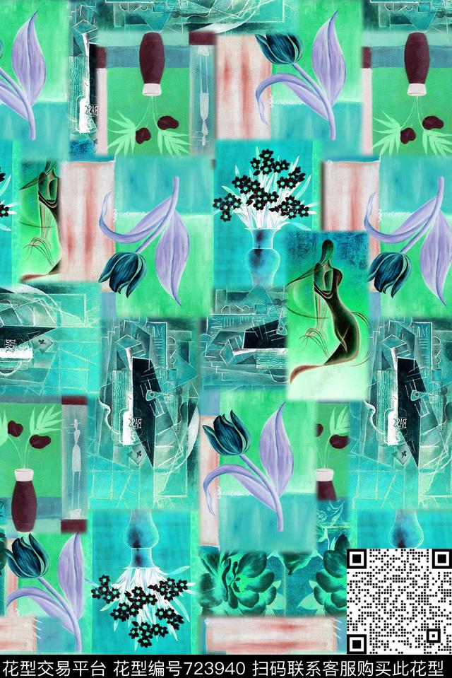 格子油画色块油画花数码印花华亿平台下载（图片编号: 723940） - 瓦栏（Walan）