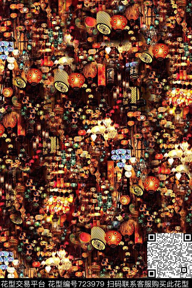 抽象手绘水彩灯笼数码印花时尚潮流女装裙子中国风印花欧美大牌女装夹克外套纹理印花数码印花华亿平台下载（图片编号: 723979） - 瓦栏（Walan）