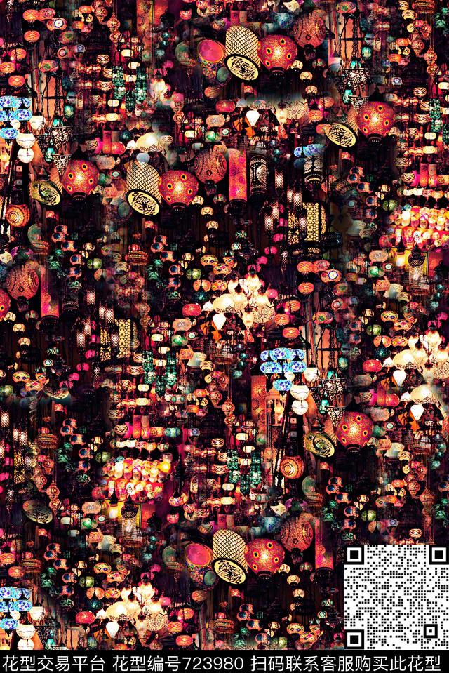 抽象手绘水彩灯笼数码印花时尚潮流女装裙子中国风印花欧美大牌女装夹克外套纹理印花数码印花华亿平台下载（图片编号: 723980） - 瓦栏（Walan）