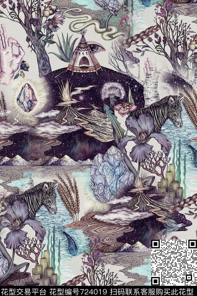 动物花卉风景组合手绘风景画马数码印花华亿平台下载（图片编号: 724019） - 瓦栏（Walan）