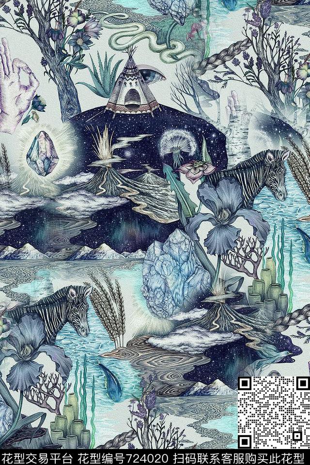 动物花卉风景组合手绘风景画马数码印花华亿平台下载（图片编号: 724020） - 瓦栏（Walan）