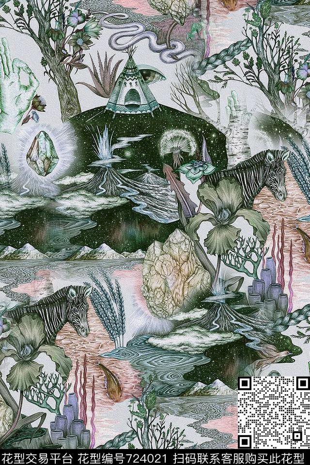 动物花卉风景组合手绘风景画马数码印花华亿平台下载（图片编号: 724021） - 瓦栏（Walan）