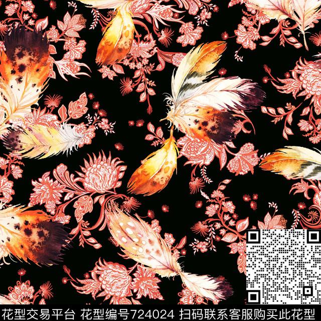 羽毛花卉抽象鸟毛数码印花华亿平台下载（图片编号: 724024） - 瓦栏（Walan）