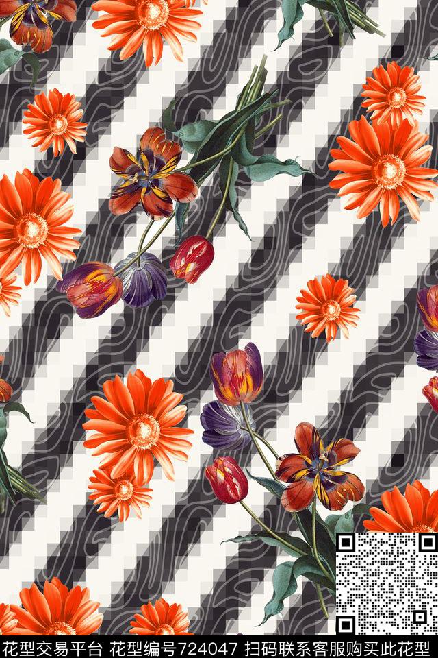 条纹花朵郁金香数码印花华亿平台下载（图片编号: 724047） - 瓦栏（Walan）