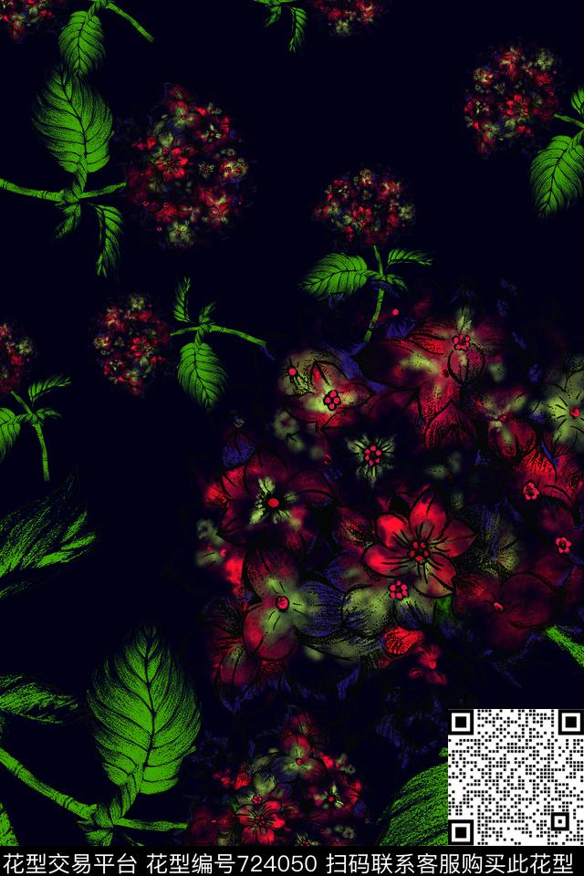 手绘花花朵花卉数码印花华亿平台下载（图片编号: 724050） - 瓦栏（Walan）