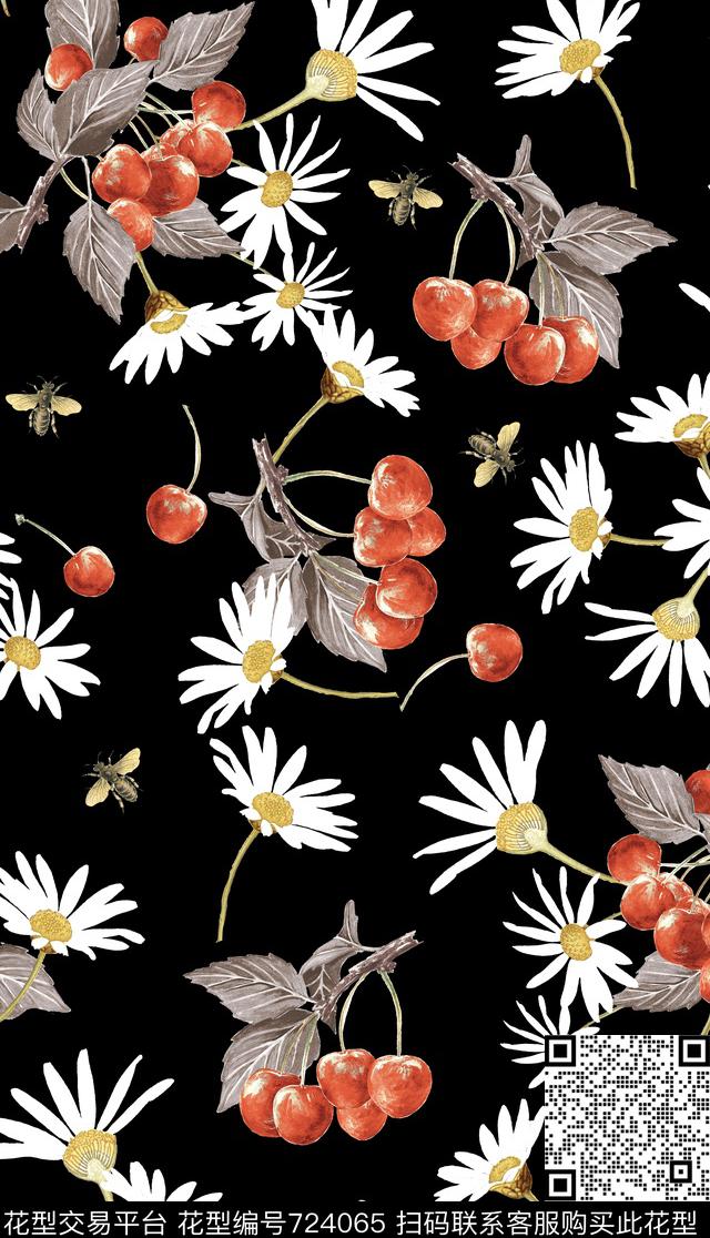 雏菊花卉蜜蜂数码印花华亿平台下载（图片编号: 724065） - 瓦栏（Walan）