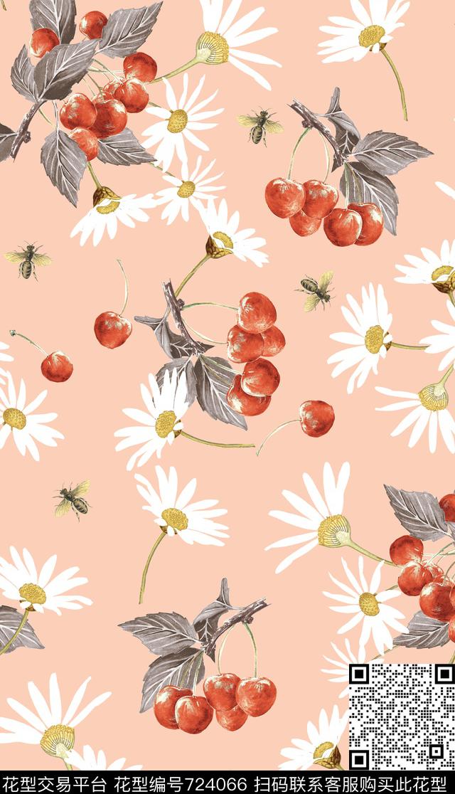 雏菊花卉蜜蜂数码印花华亿平台下载（图片编号: 724066） - 瓦栏（Walan）