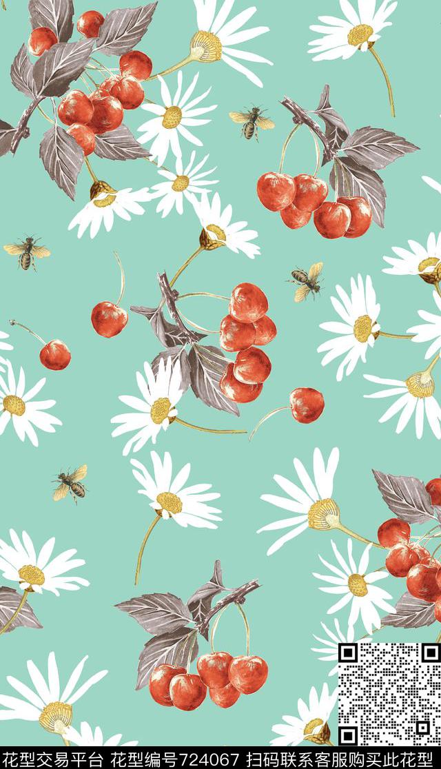 雏菊花卉蜜蜂数码印花华亿平台下载（图片编号: 724067） - 瓦栏（Walan）