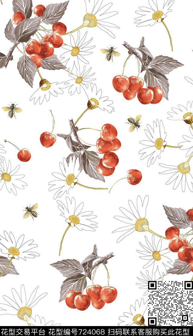 雏菊花卉蜜蜂数码印花华亿平台下载（图片编号: 724068） - 瓦栏（Walan）