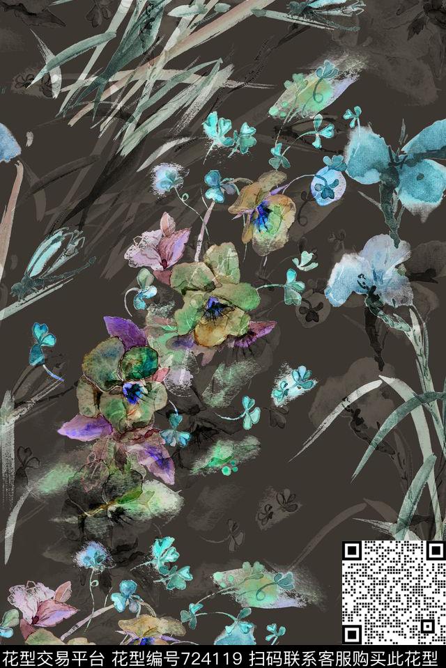 手绘花卉花草数码印花华亿平台下载（图片编号: 724119） - 瓦栏（Walan）