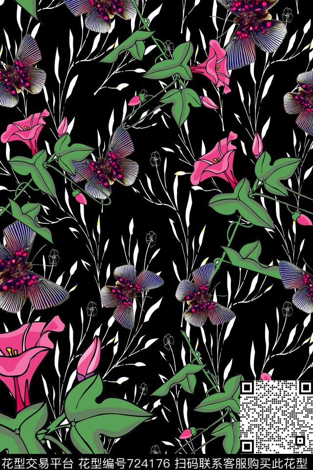 蝴蝶小碎花牵牛花数码印花华亿平台下载（图片编号: 724176） - 瓦栏（Walan）