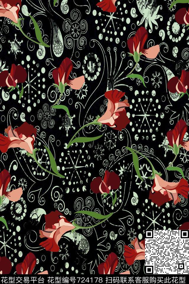 花卉花朵佩斯利数码印花华亿平台下载（图片编号: 724178） - 瓦栏（Walan）
