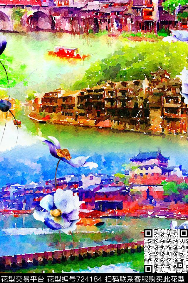 风景水彩风景手绘风景画数码印花华亿平台下载（图片编号: 724184） - 瓦栏（Walan）