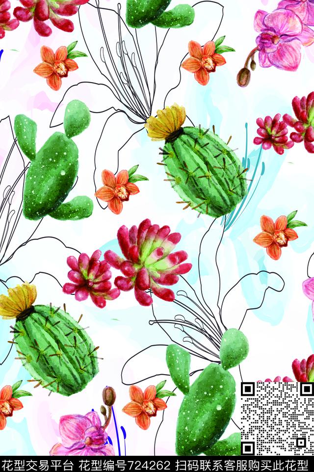 趣味花朵多肉数码印花华亿平台下载（图片编号: 724262） - 瓦栏（Walan）