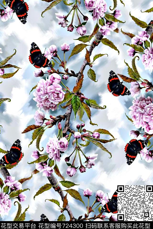 水彩花卉蝴蝶纹理底纹数码印花华亿平台下载（图片编号: 724300） - 瓦栏（Walan）