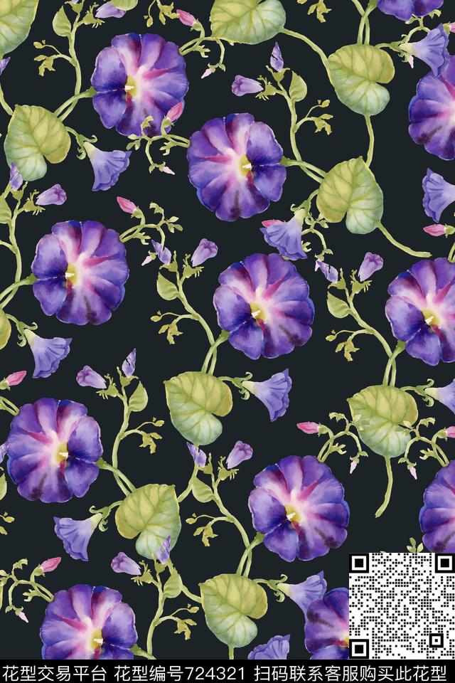 牵牛花花卉花藤数码印花华亿平台下载（图片编号: 724321） - 瓦栏（Walan）