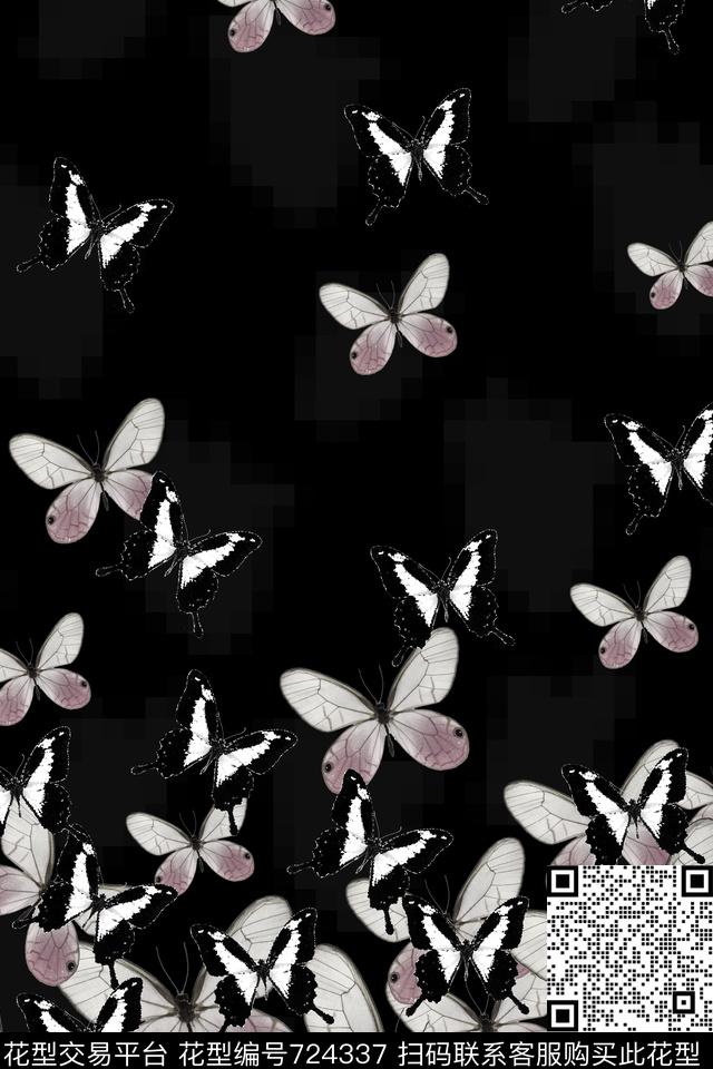 昆虫黑底蝴蝶数码印花华亿平台下载（图片编号: 724337） - 瓦栏（Walan）
