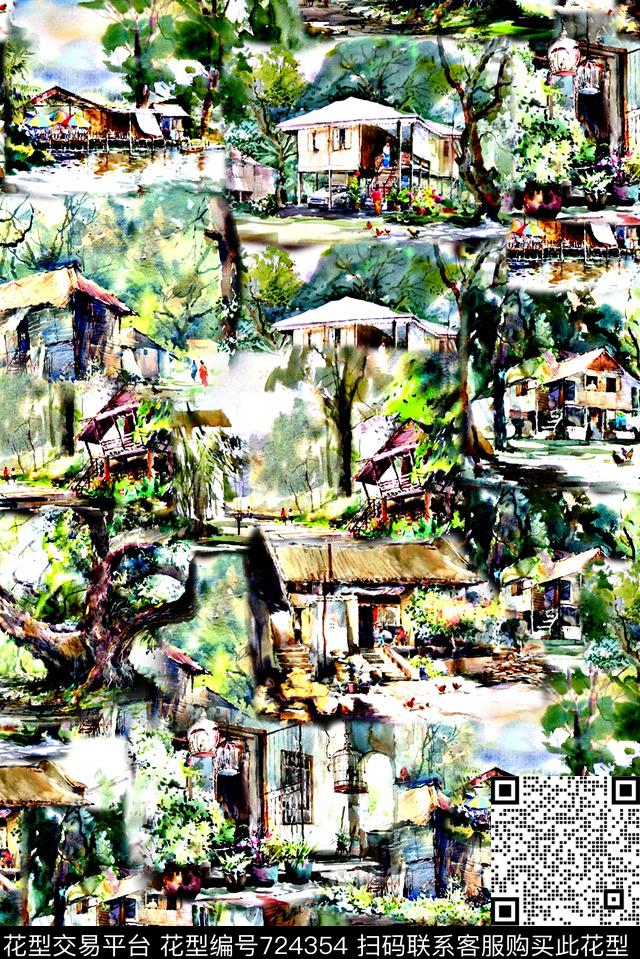 抽象手绘水彩复古房子植物印花时尚潮流女装裙子纹理肌理纹印花欧美复古大牌民族风外套印花数码印花华亿平台下载（图片编号: 724354） - 瓦栏（Walan）