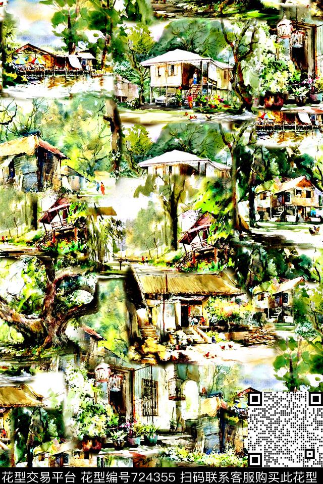 抽象手绘水彩复古房子植物印花时尚潮流女装裙子纹理肌理纹印花欧美复古大牌民族风外套印花数码印花华亿平台下载（图片编号: 724355） - 瓦栏（Walan）