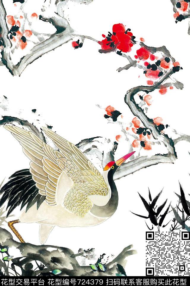 水墨梅花仙鹤数码印花华亿平台下载（图片编号: 724379） - 瓦栏（Walan）
