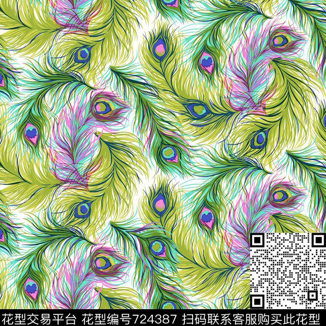 孔雀动物纹羽毛数码印花华亿平台下载（图片编号: 724387） - 瓦栏（Walan）