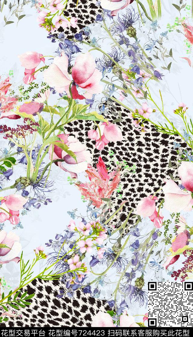 豹纹花卉组合小清新水彩复古时尚数码印花华亿平台下载（图片编号: 724423） - 瓦栏（Walan）