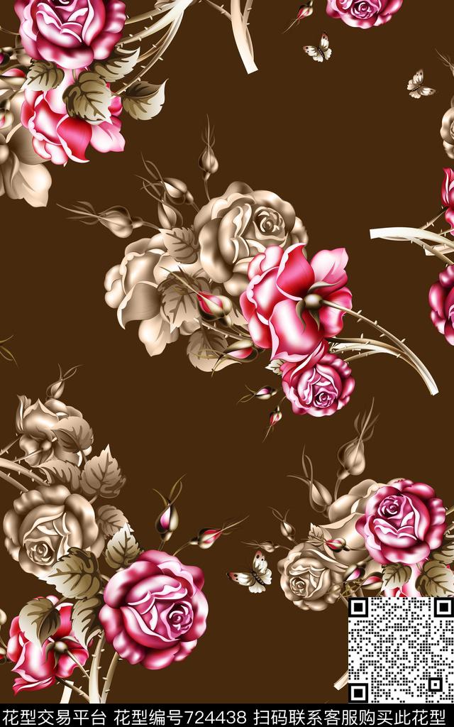 花朵玫瑰花卉数码印花华亿平台下载（图片编号: 724438） - 瓦栏（Walan）