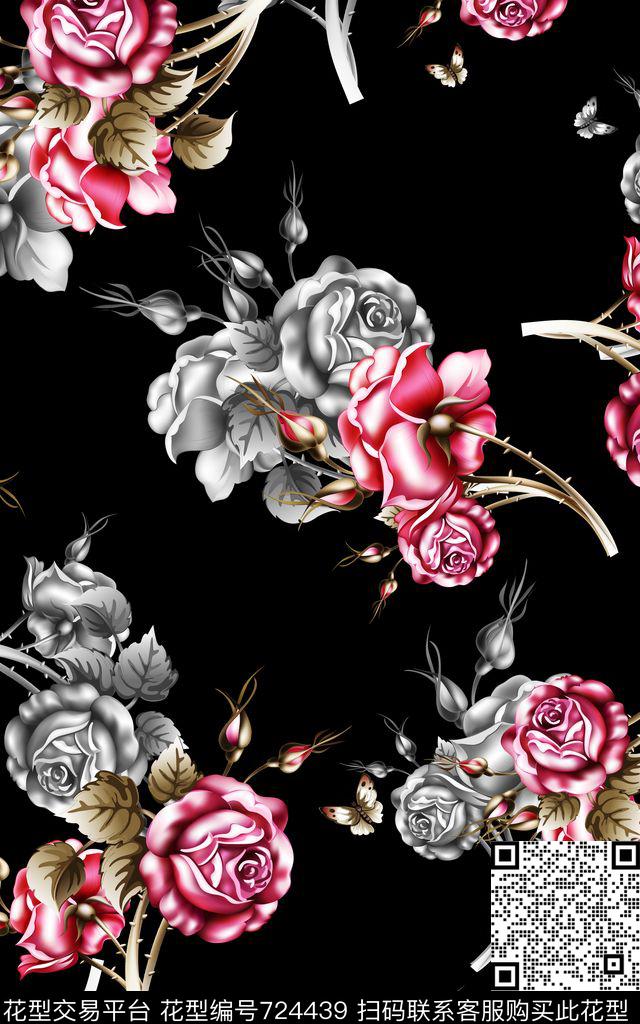 花朵玫瑰花卉数码印花华亿平台下载（图片编号: 724439） - 瓦栏（Walan）