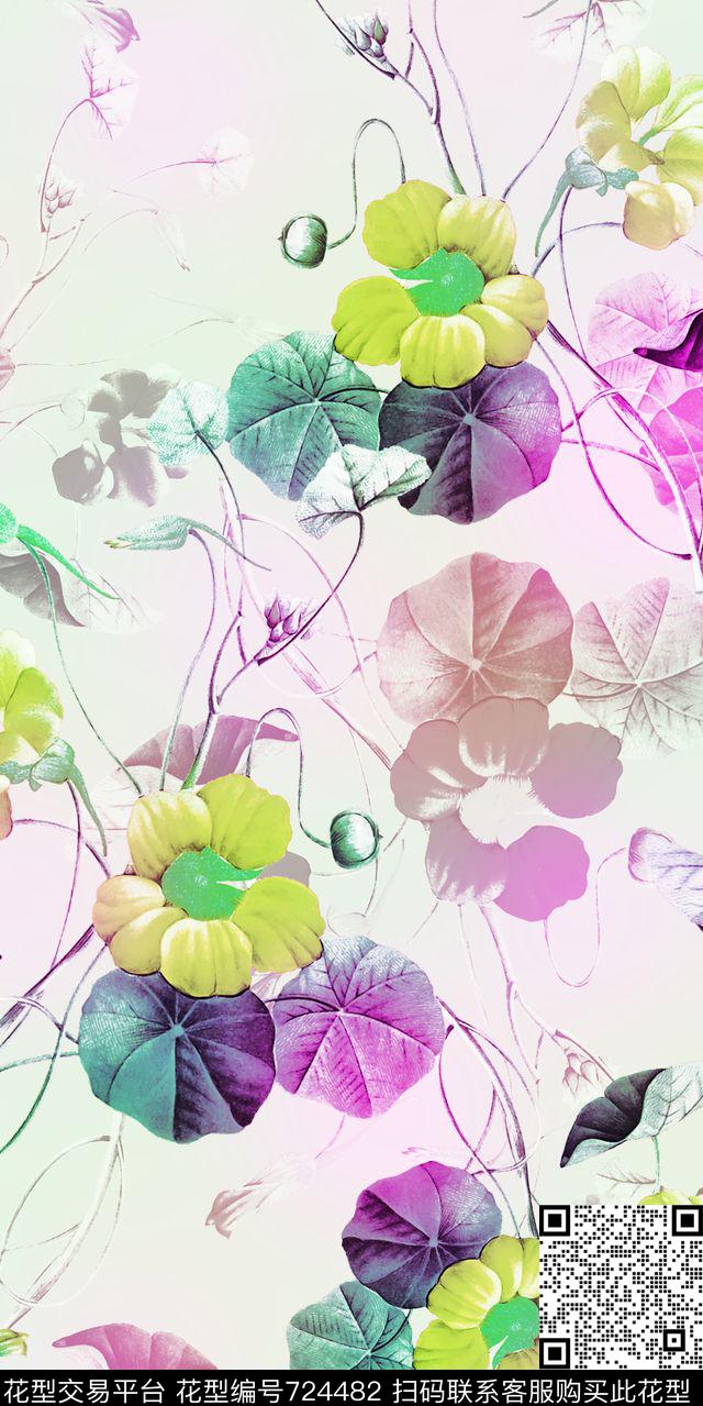 小清新大花花卉数码印花华亿平台下载（图片编号: 724482） - 瓦栏（Walan）