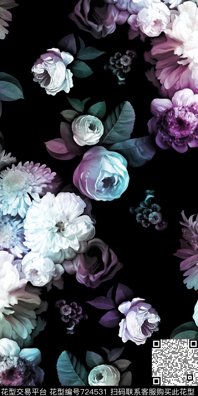 黑底手绘花玫瑰数码印花华亿平台下载（图片编号: 724531） - 瓦栏（Walan）