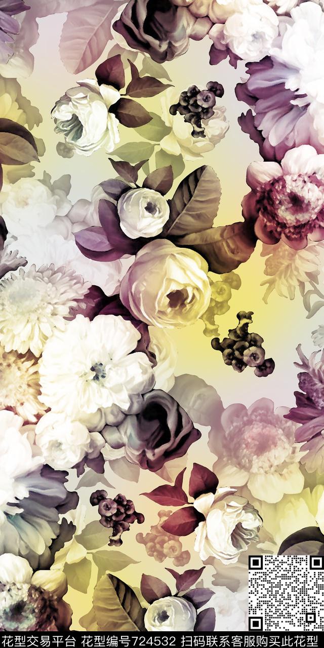 黑底手绘花玫瑰数码印花华亿平台下载（图片编号: 724532） - 瓦栏（Walan）